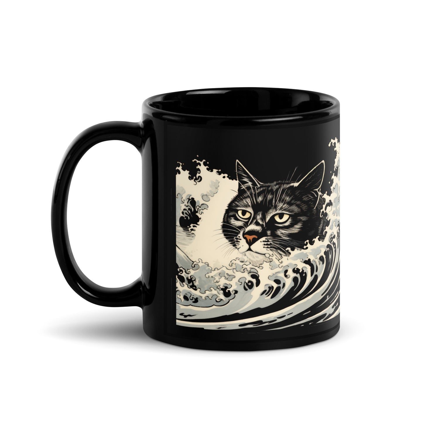 Wave Water Cat - Black Glossy Mug