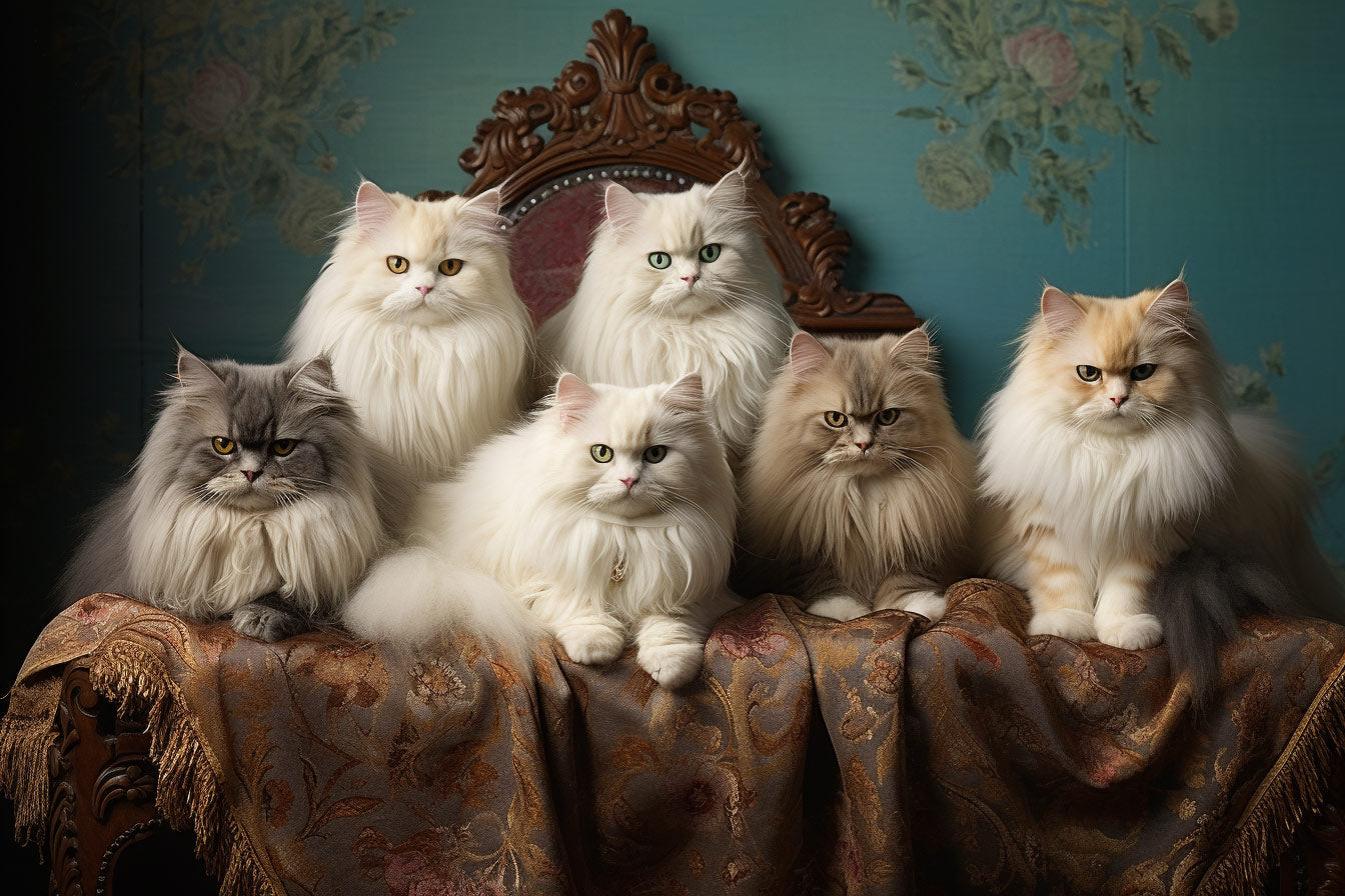 6 Persian Cats sitting on a regal bench with soft lighting